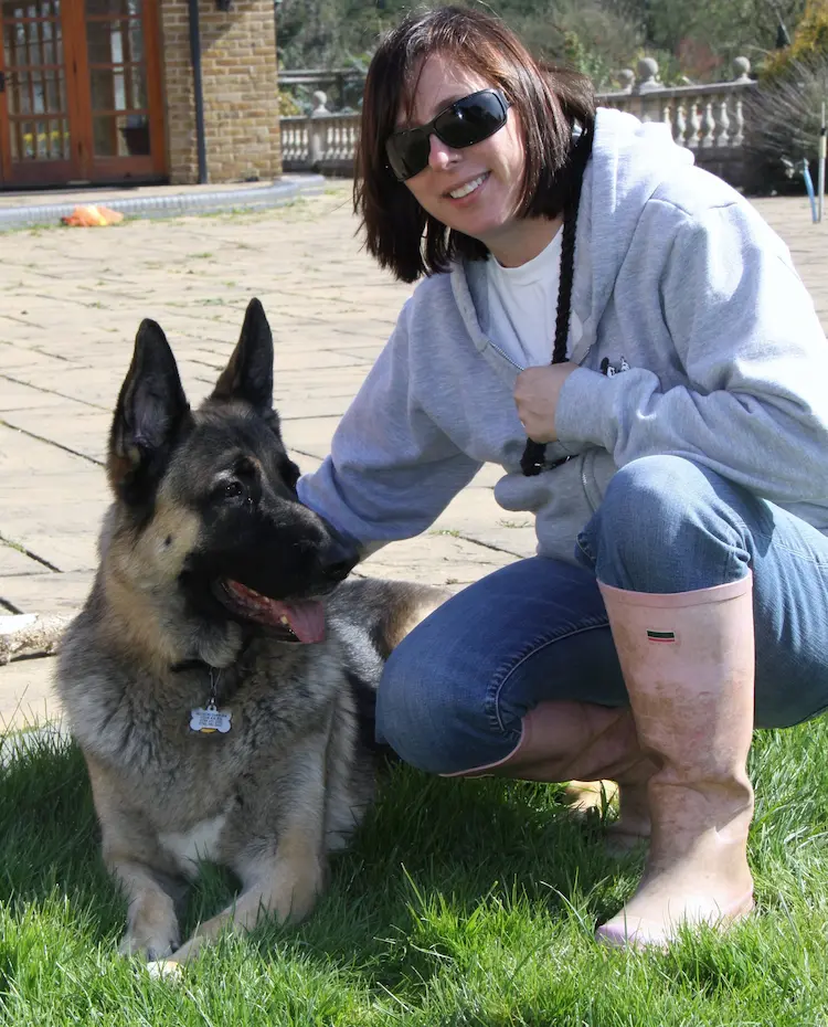 Sharon with her German Shepherd, showing real-life dog care and training experience