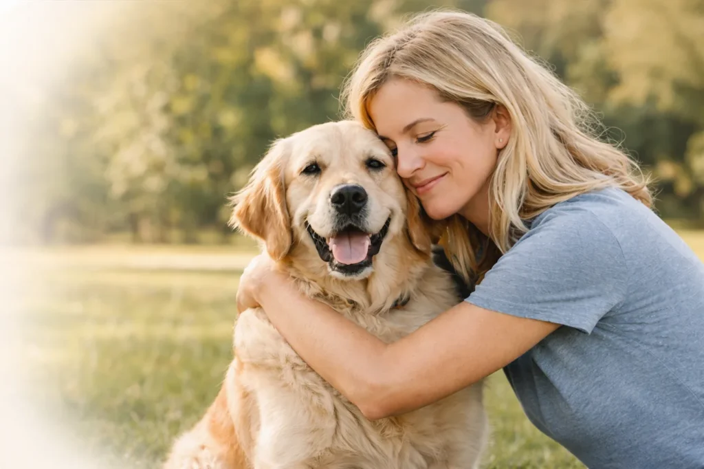 Smiling woman hugging a happy golden retriever outdoors