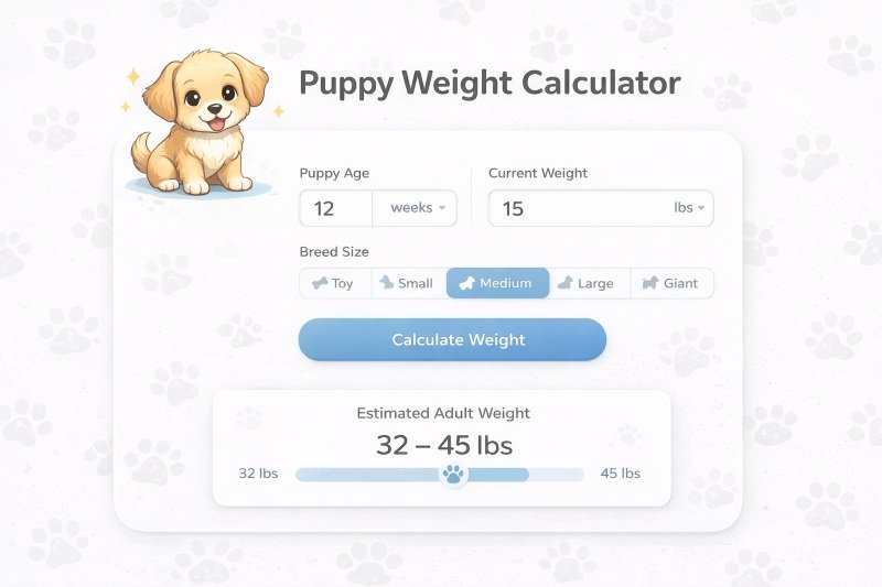 A puppy weight calculator showing inputs for age, current weight, and breed size, with an estimated adult weight range displayed on a clean, user‑friendly layout.