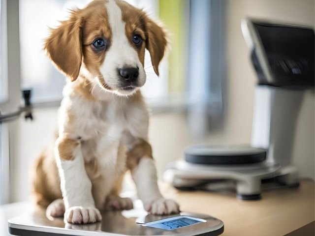 Brown‑and‑white puppy sitting on a digital scale during a routine check, used to illustrate healthy growth tracking and support a puppy weight chart.