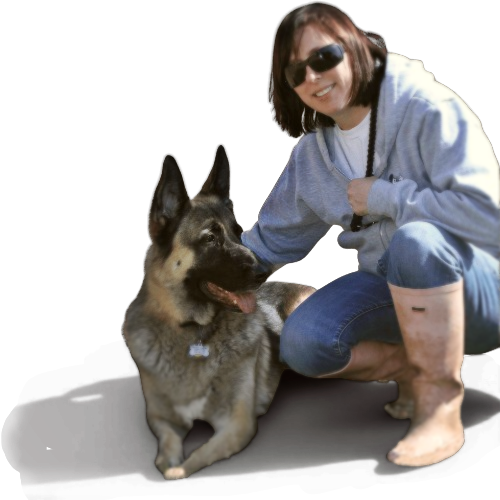 Sharon kneeling down with her german shepherd dog Hudson