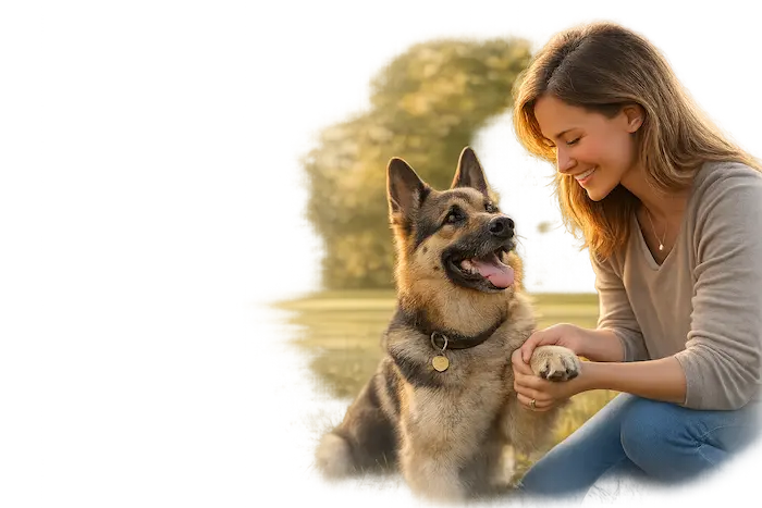 Woman gently checking her German Shepherd’s paw outdoors as part of a regular dog care routine