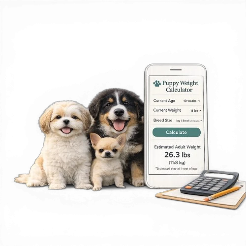 Three puppies sitting beside a smartphone showing a puppy weight calculator, illustrating how to estimate a puppy’s adult weight.