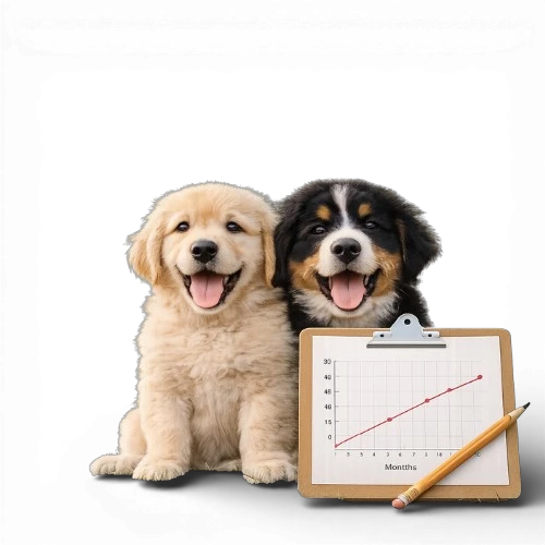 Two happy puppies sitting beside a clipboard showing a puppy weight chart and growth graph with a pencil