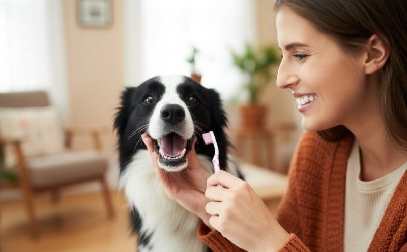 Woman brushing her dog’s teeth at home as part of regular dog teeth care