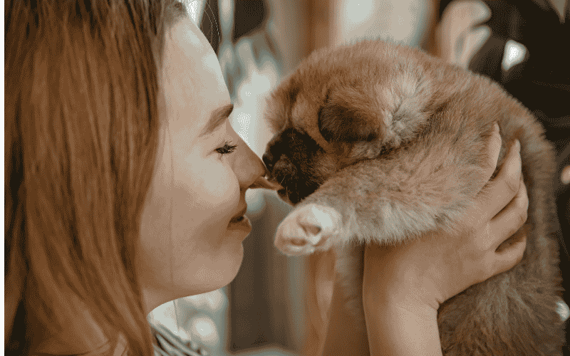 Female holding a young puppy while choosing a name for a new family pet
