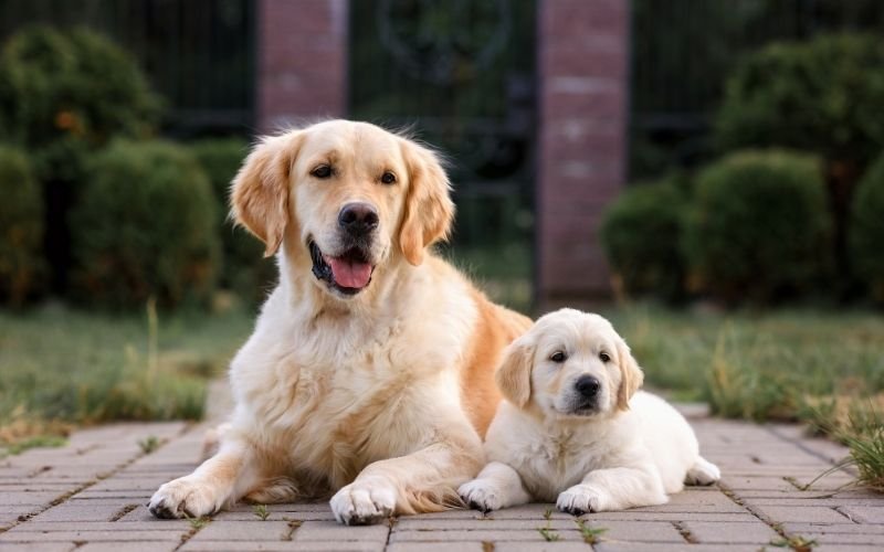 Puppy golden retriever next to an adult golden retriever dog