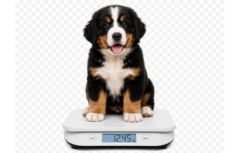 Bermese Mountain Dog puppy being weighed on a digital scale for weight tracking