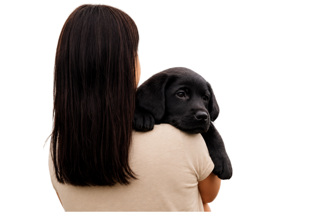 Black Labrador puppy being held by its owner, representing new puppy care and puppy information