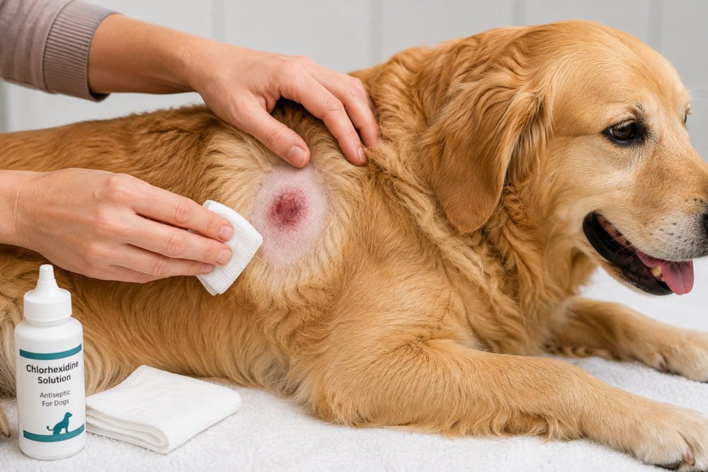 Gently cleaning a dog’s hot spot with gauze after clipping the surrounding fur