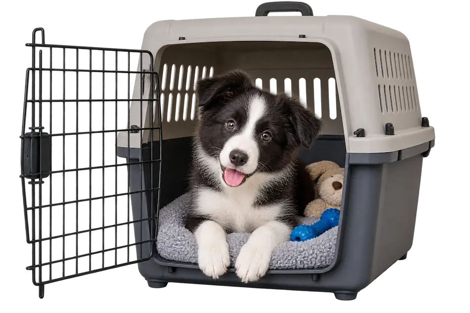 Crate training a puppy resting calmly inside an open crate