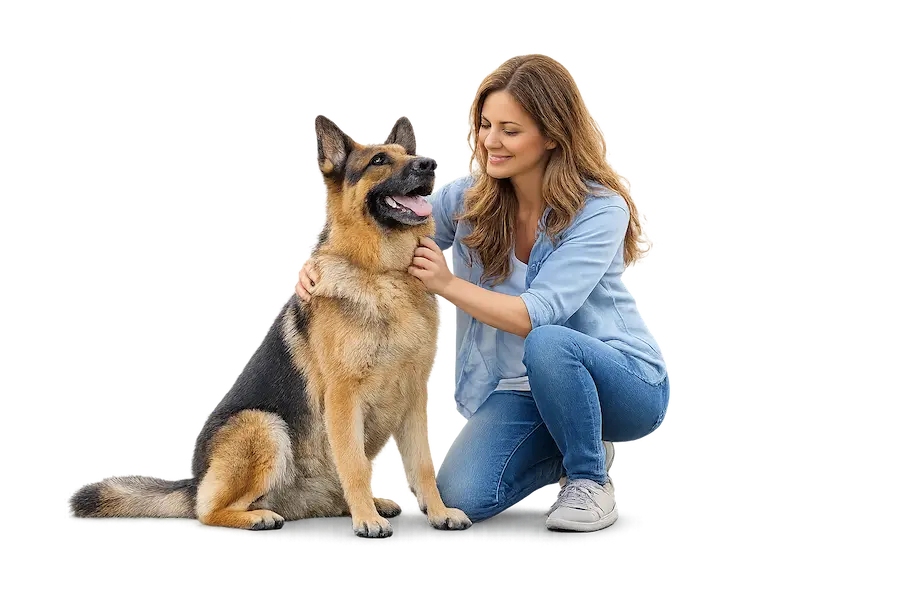 Owner gently checking a German Shepherd for dry, itchy skin.