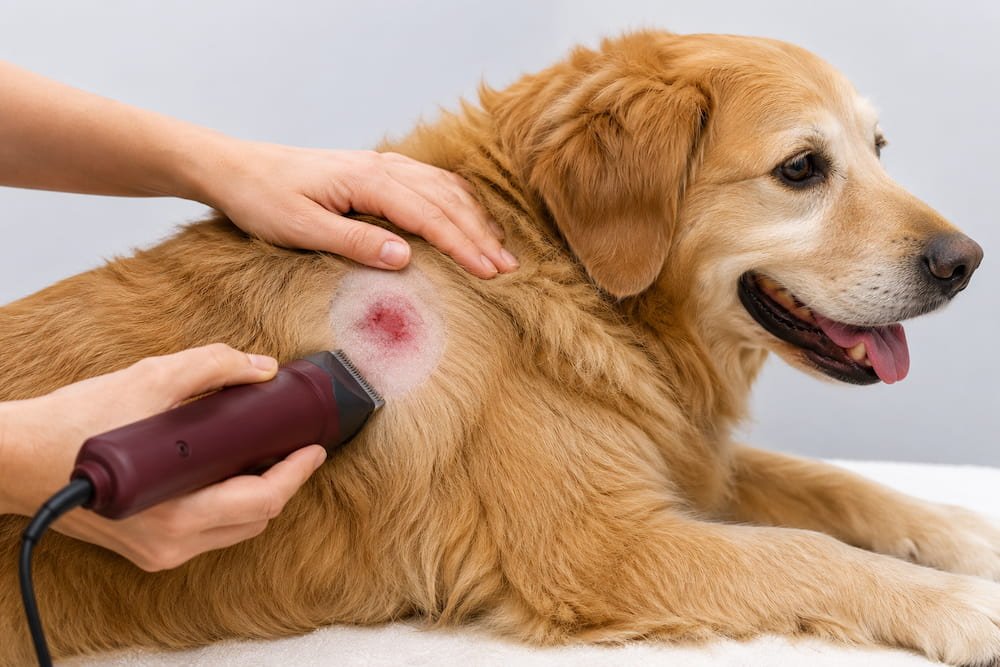 Carefully clipping the fur around a hot spot on a dog to expose the irritated skin