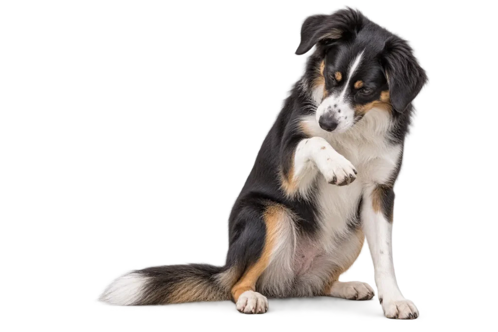 Dog sitting and looking at its raised front paw
