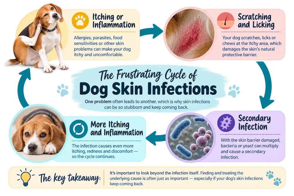 Infographic showing how itching and scratching can damage a dog's skin barrier, leading to secondary infection and further inflammation.
