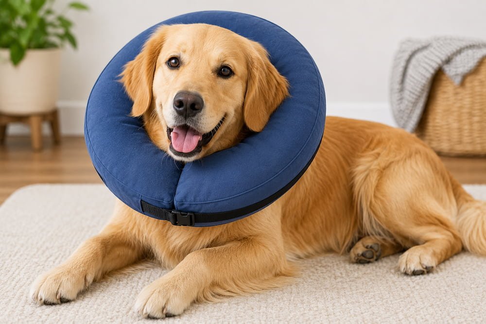 Dog wearing a soft recovery collar to prevent licking and scratching a hot spot while it heals