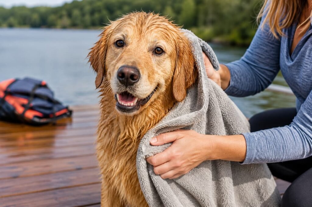 Owner thoroughly towel drying a wet dog after swimming to help prevent moisture-related hot spots
