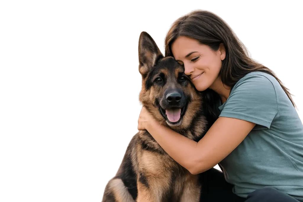 Woman Hugging a German Shepherd Dog looking happy.