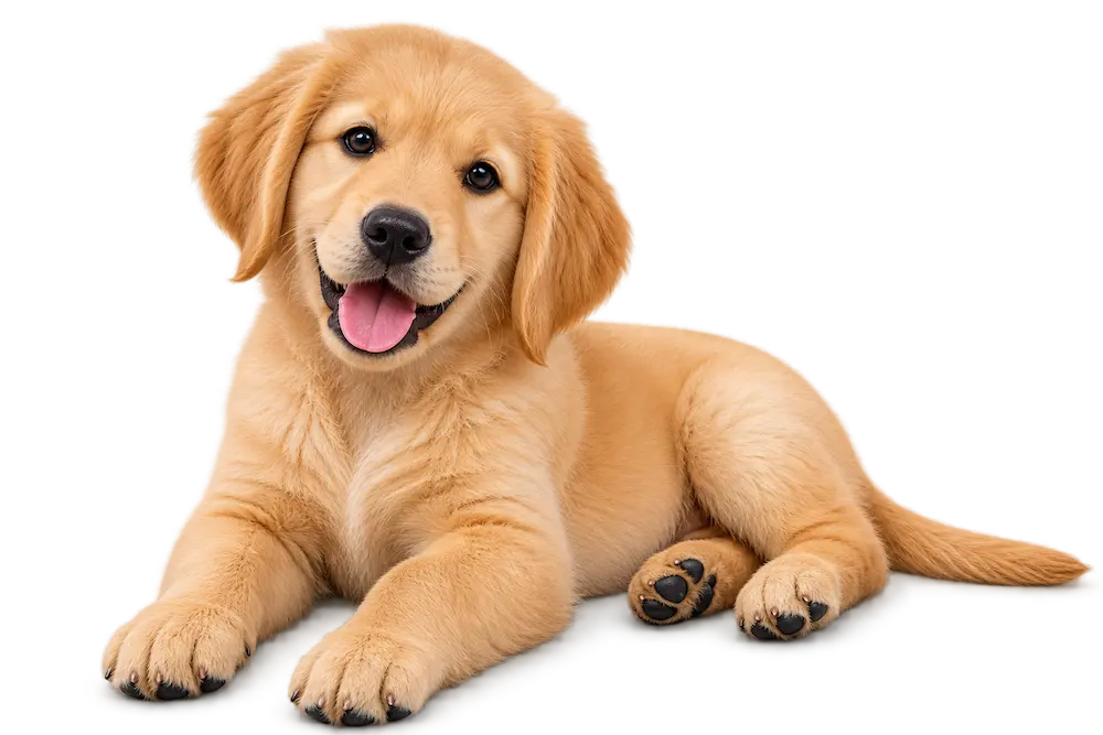 Golden Retriever puppy lying down ready for training
