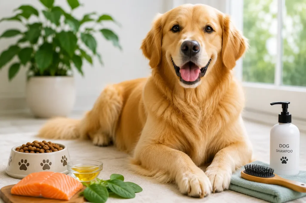 Healthy dog with food, grooming brush and dog shampoo for skin and coat care