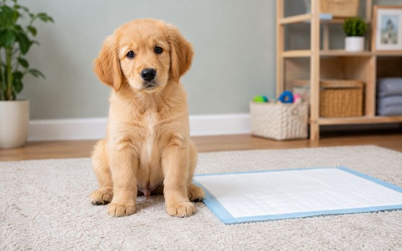 Golden Retriever puppy sitting beside a puppy training pad