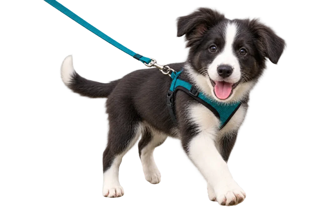 Black and white puppy learning to walk on a loose leash.
