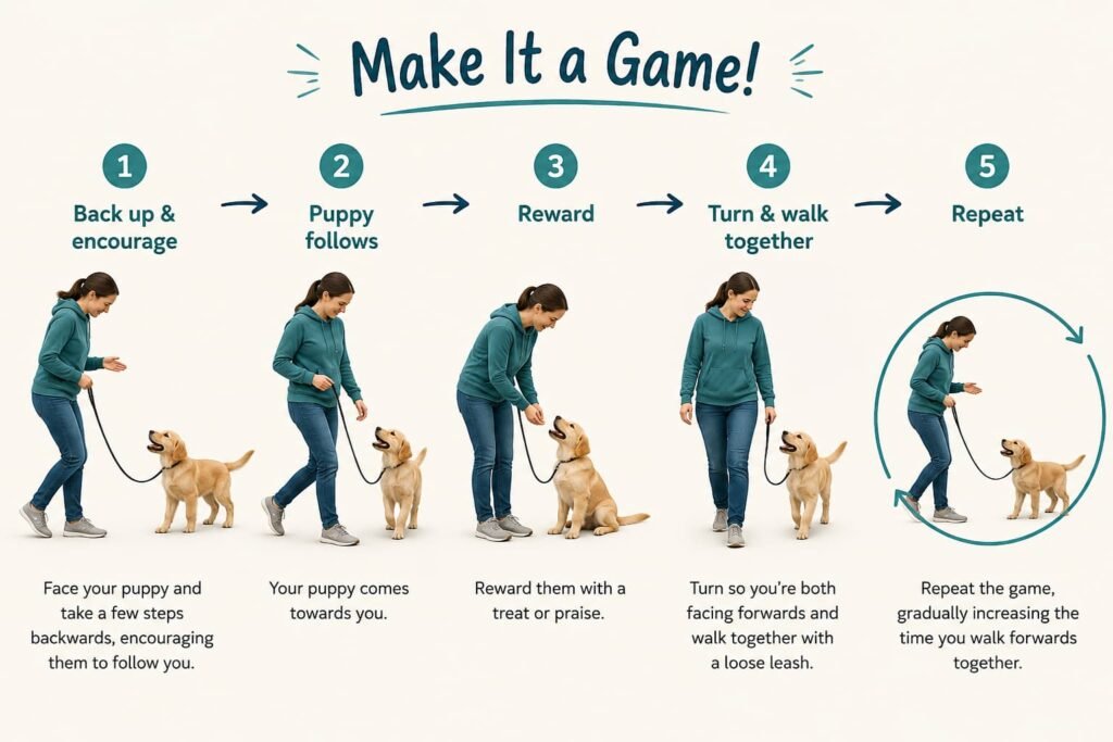 Leash training a puppy using a step-by-step game to encourage following, rewarding and loose-leash walking.