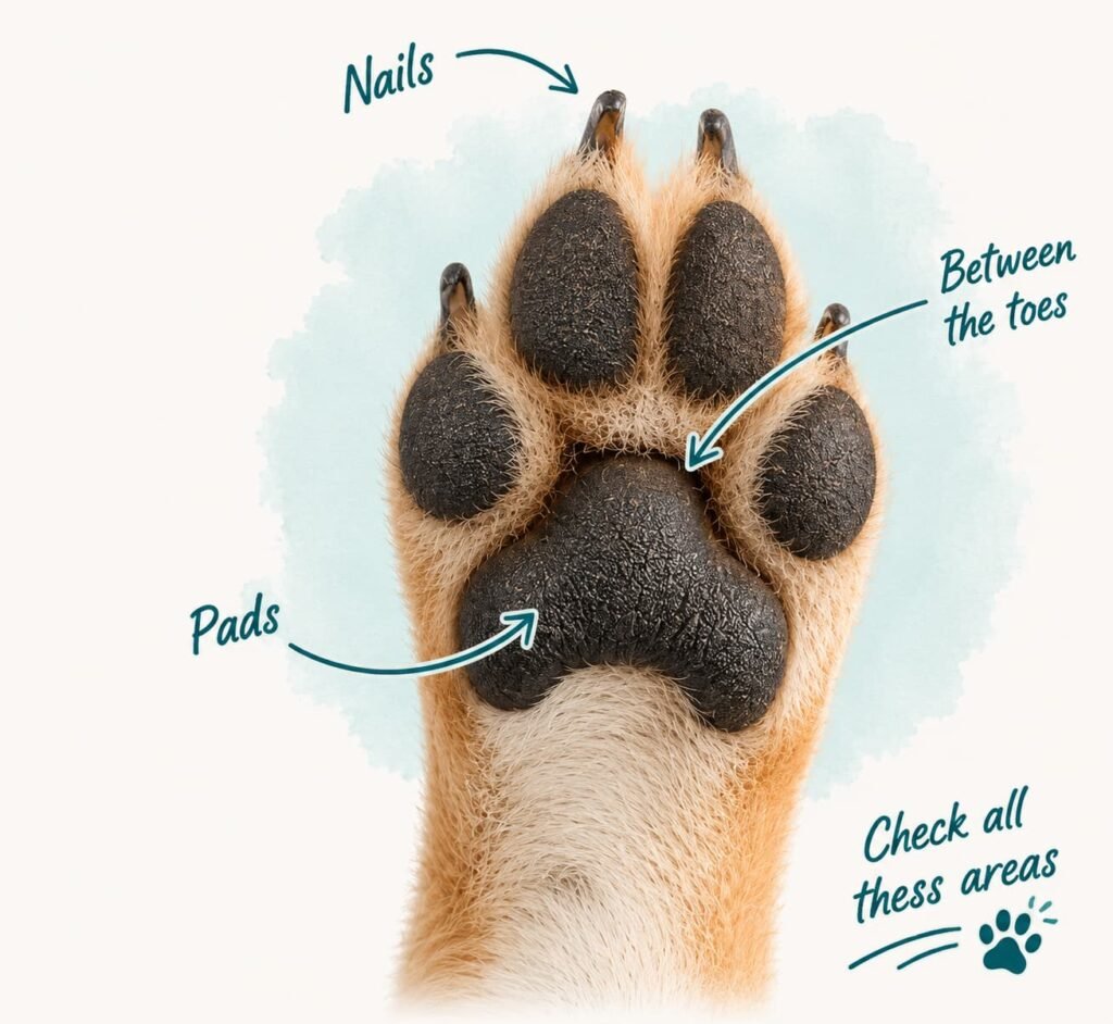 Underside of a dog paw showing the pads, nails and between the toes