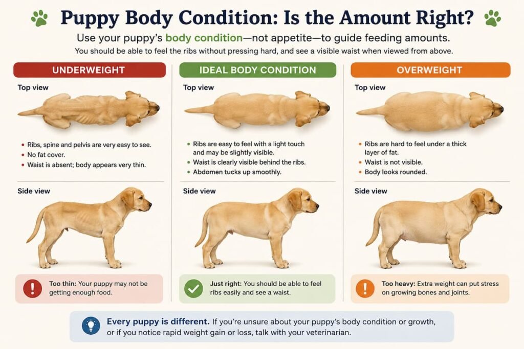 Puppy body condition guide comparing underweight, ideal and overweight puppies from above and the side