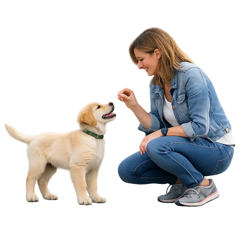 Woman training a young Golden Retriever puppy
