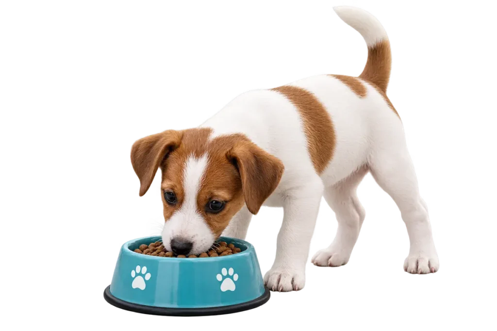 Jack Russell puppy eating from a bowl of puppy food