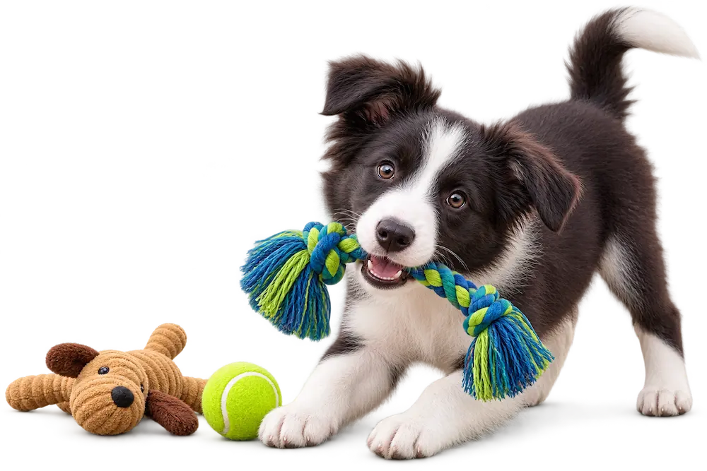 Border Collie puppy practicing with a tug toy and ball