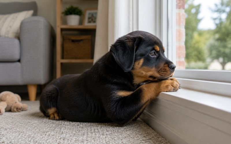 Rottweiler puppy waiting alone by a window at home