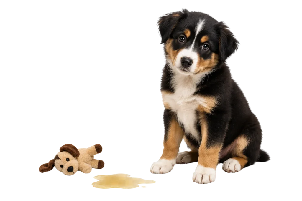 Puppy sitting beside an indoor potty accident