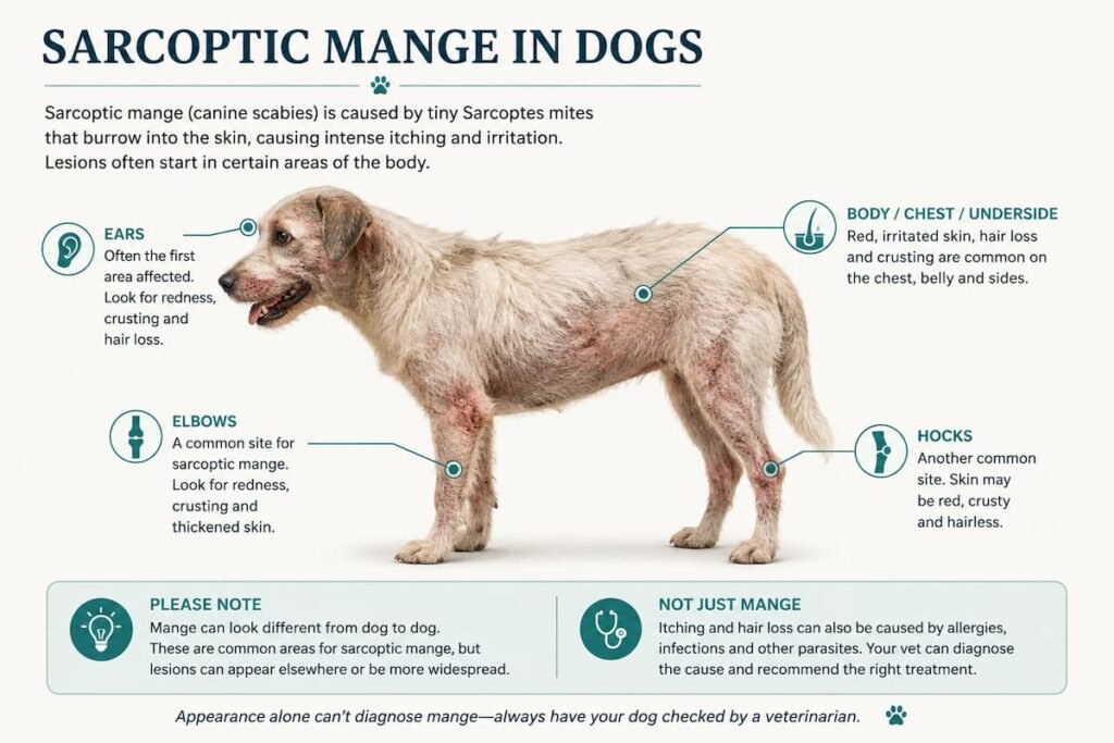 Diagram showing common areas affected by sarcoptic mange in dogs, including the ears, elbows, hocks, chest and underside.