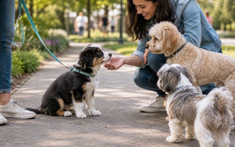 Puppy meeting a woman and other dogs during socialization
