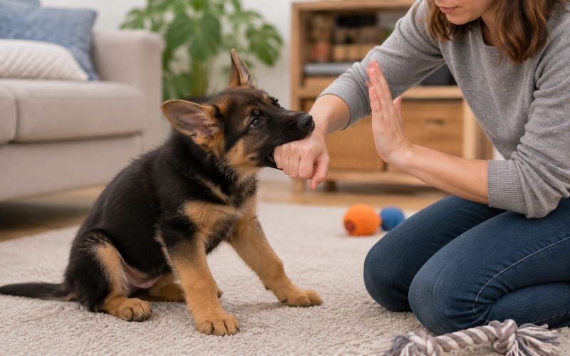 German Shepherd puppy playfully biting a woman's hand during training