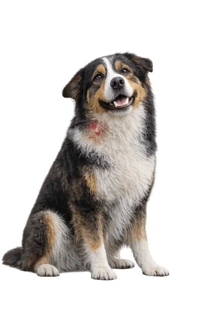 Dog with a red, irritated hot spot on the neck looking at the camera