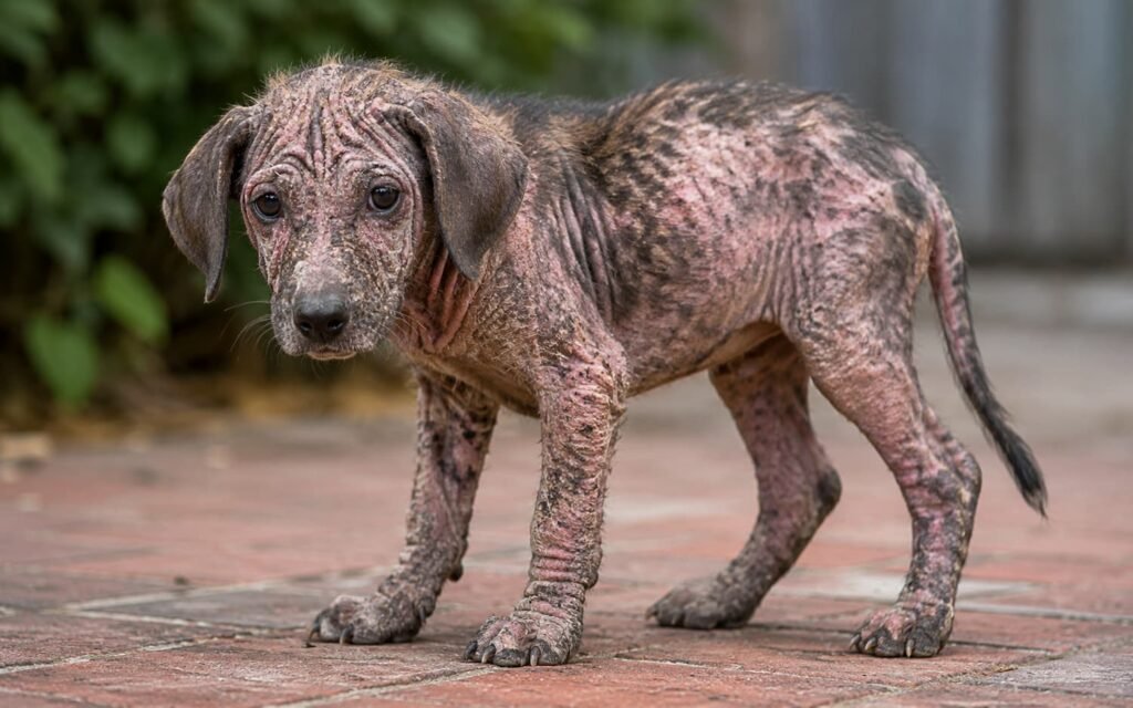 Dog with severe mange causing hair loss and irritated skin