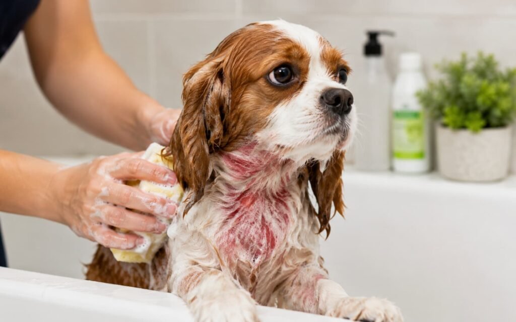 Dog being bathed for a yeast or skin infection