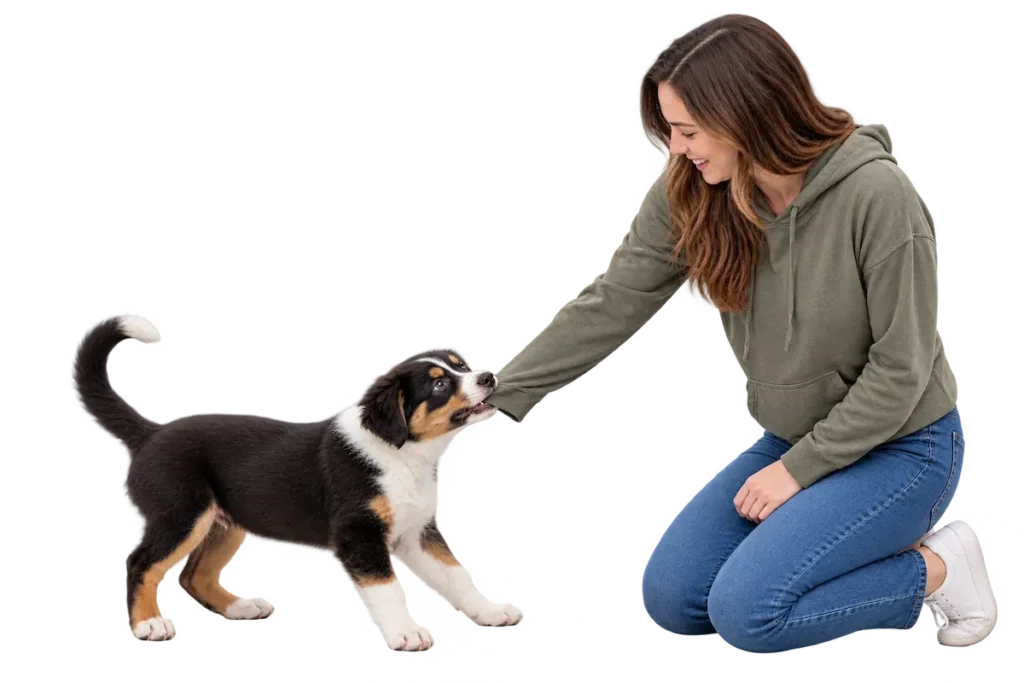 Puppy gently biting a woman’s sleeve during training