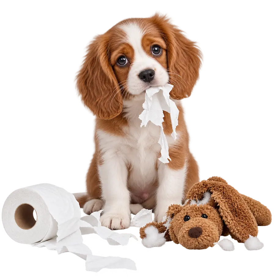 Puppy sitting beside chewed household items after being left alone.
