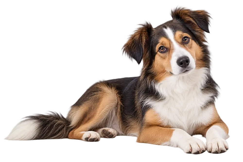 Border Collie mix lying down with a gentle, concerned expression.