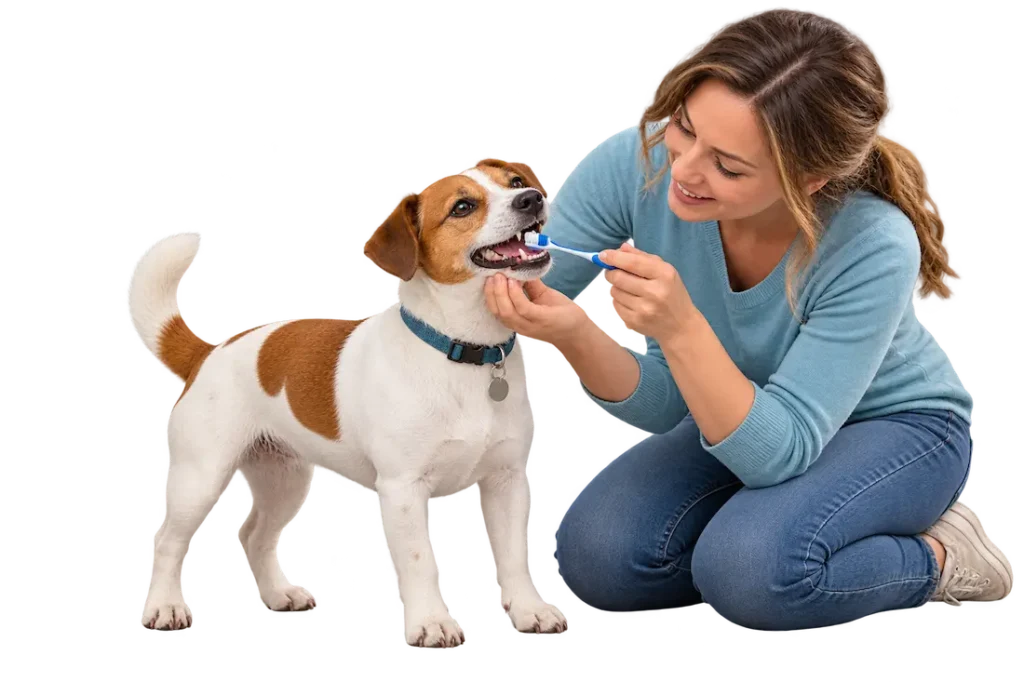 Woman gently brushing her dog’s teeth as part of a home dental care routine.