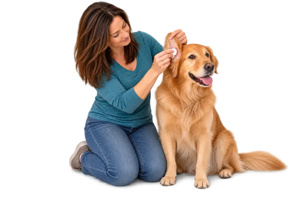 Woman gently cleaning her dog’s ear with a cotton pad.